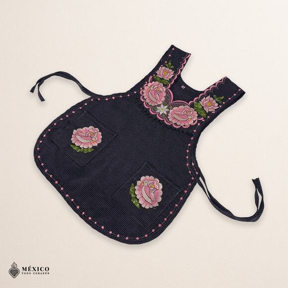 Pink & Blue Mexican Embroidered Smock Apron, Floral Traditional Design for Women - Picture 5 of 8